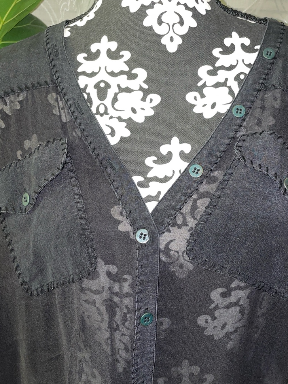 All Saints 100% Silk Black V-Neck Sheer Button Up Top